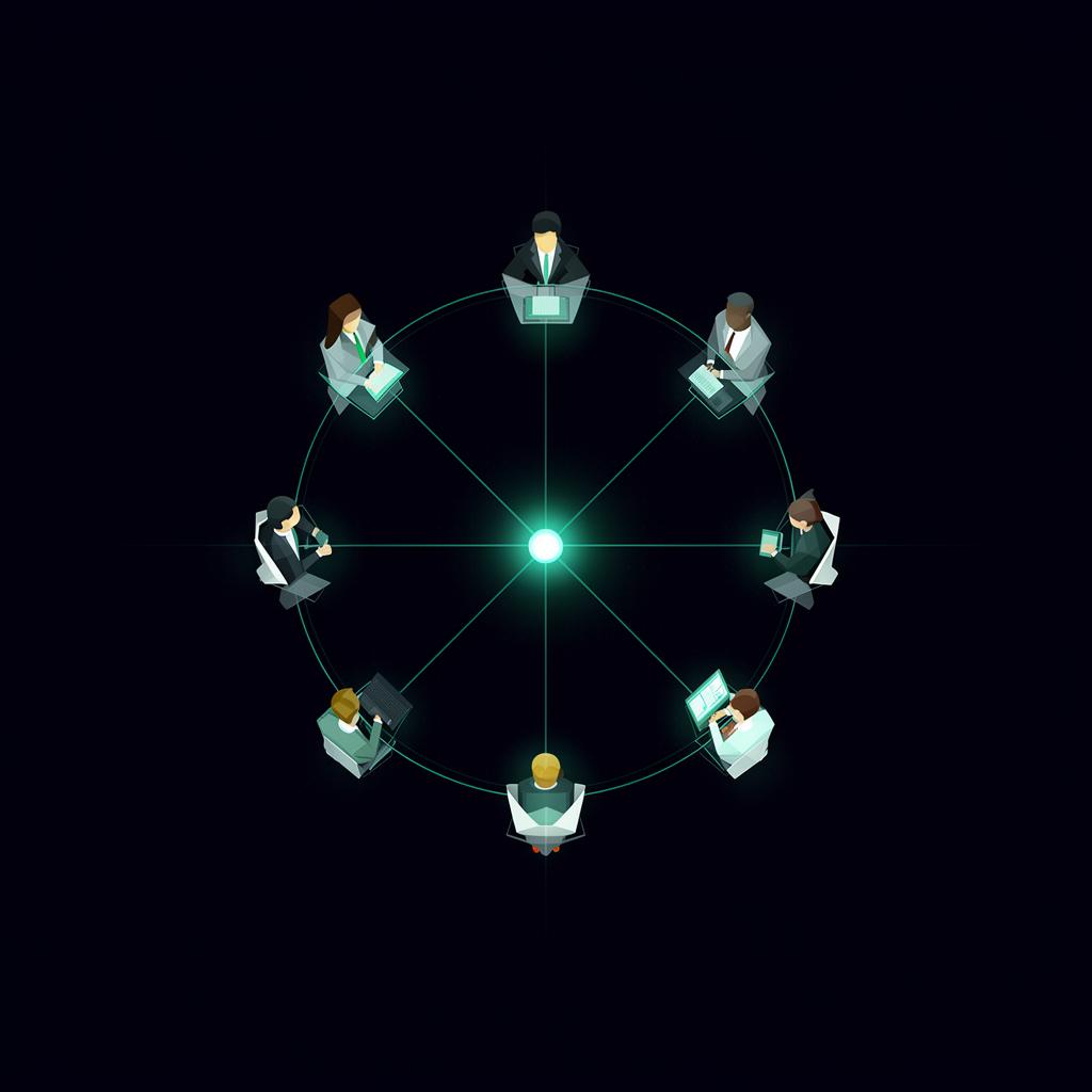Seven AI executives arranged in a circle around a central node, representing an autonomous executive team