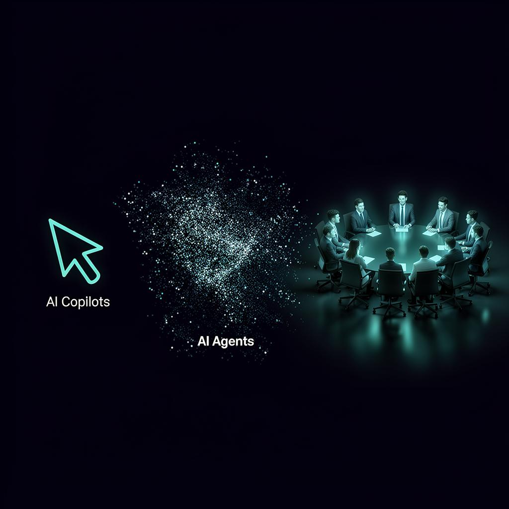 Three categories of AI tools: copilots, agents, and an autonomous executive team around a boardroom table