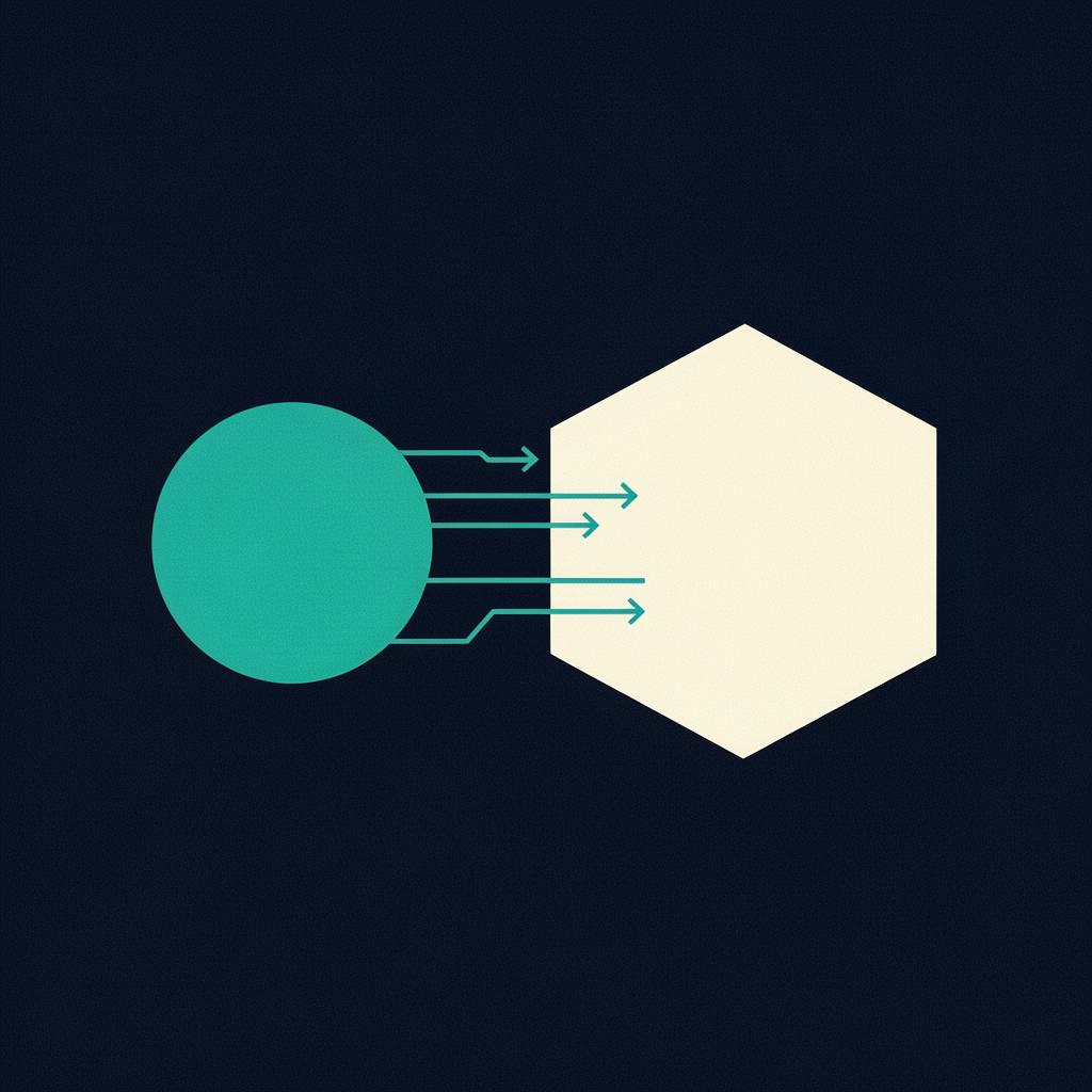Abstract teal circle merging into an ivory hexagon on a deep navy background, representing the SpaceX acquisition of Cursor