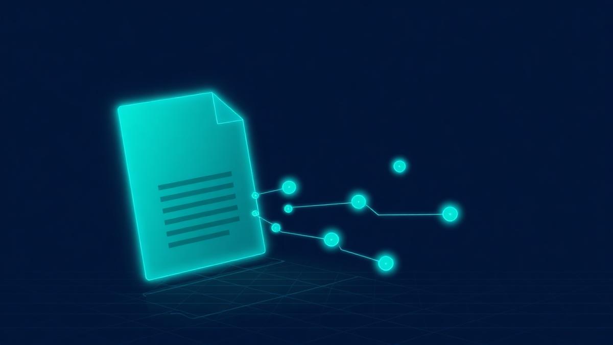 Teal glowing document with citation links branching to source markers on a deep navy background