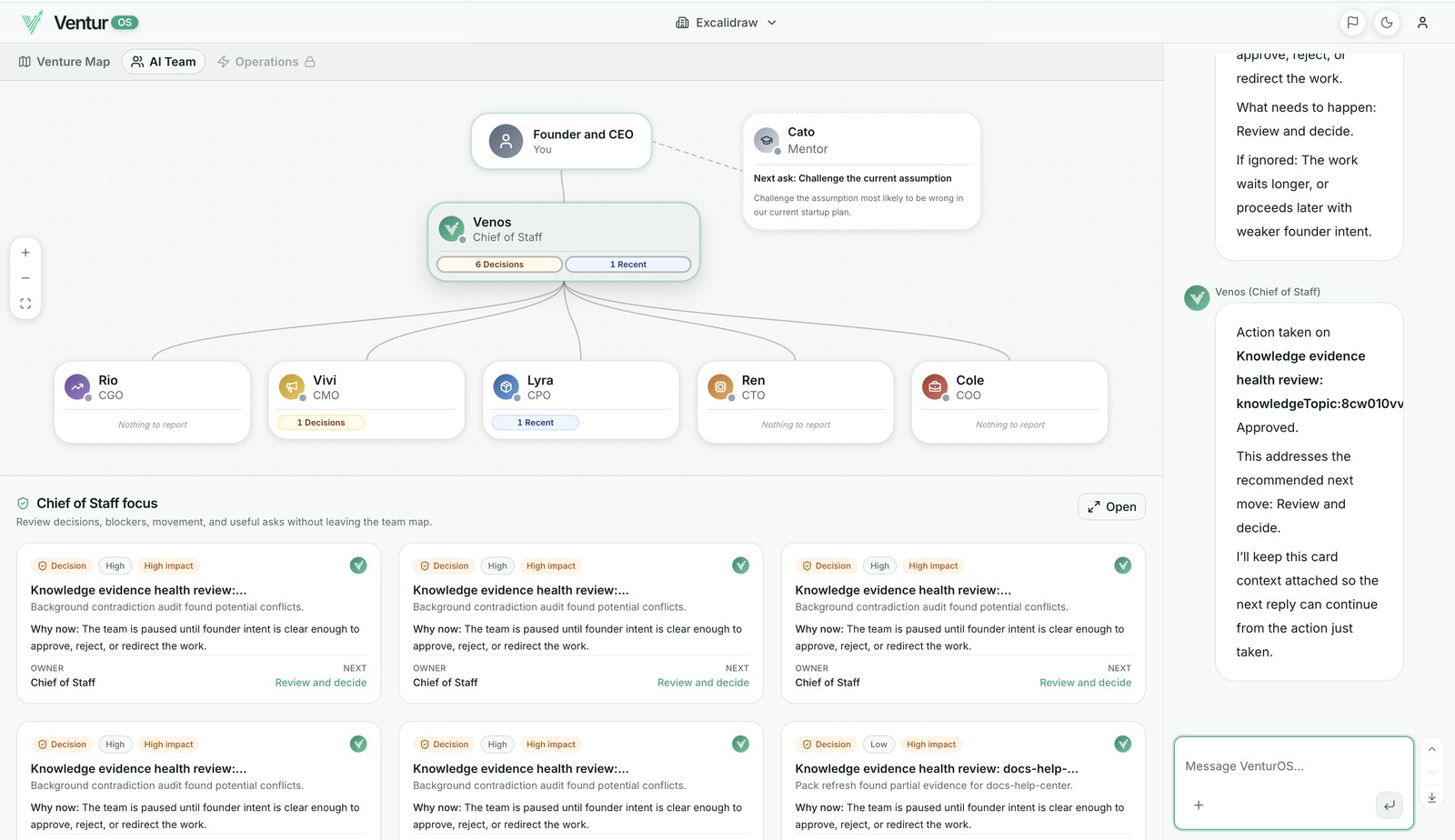 The VenturOS AI Team org chart showing seven specialists under Venos with the Chief of Staff focus panel